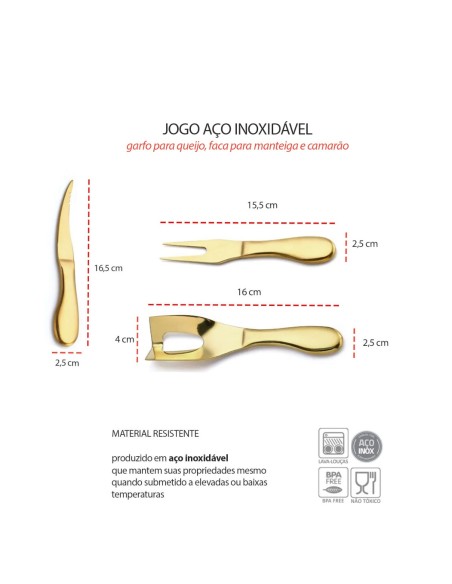 Faca Garfo Queijo Camarao Manteiga Jogo Aço Inox Dourado 3un