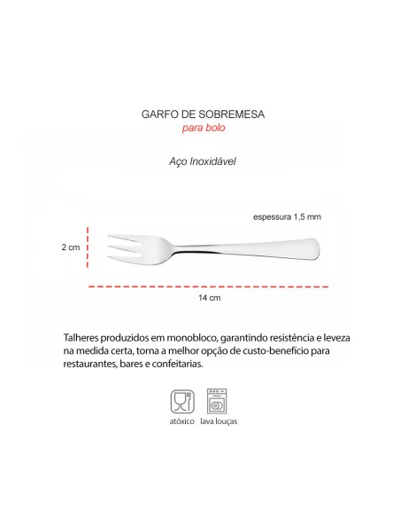 Garfo de Sobremesa para Bolo Aço Inox Talheres Buffet 12un Toronto