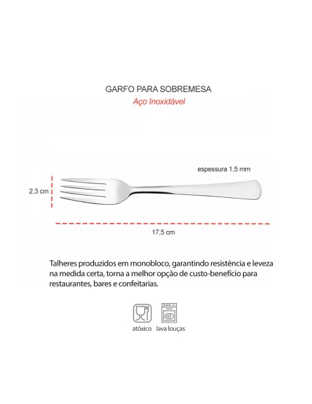 Garfo de Sobremesa Aço Inox Talheres Restaurante Buffet 12un Toronto