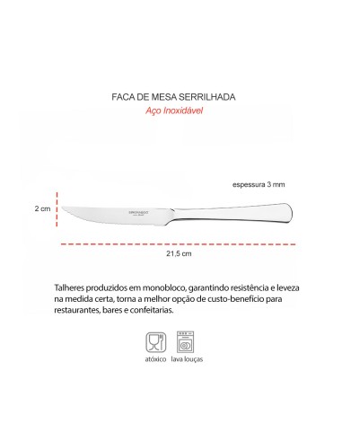 Faca de Mesa Carne Serrilhada Aço Inox Talheres...