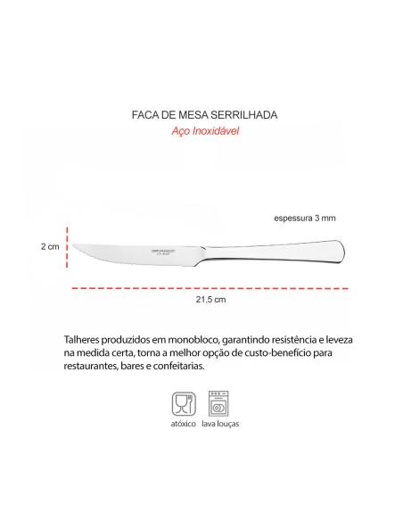 Faca de Mesa Carne Serrilhada Aço Inox Talheres Buffet 12un Toronto