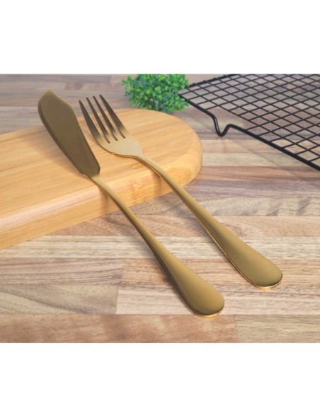 Garfo e Faca Talheres para Peixe Aço Inox Dourado 1Par