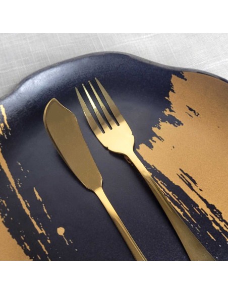 Garfo e Faca Talheres para Peixe Aço Inox Dourado 1Par