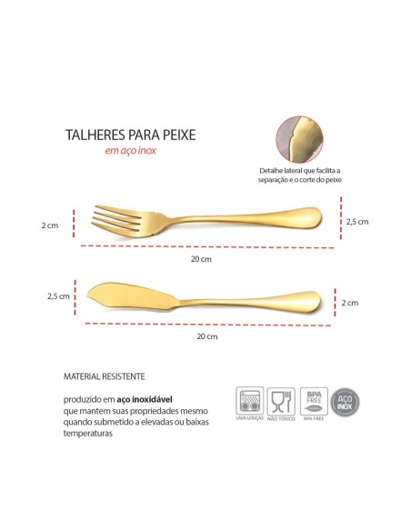 Garfo e Faca Talheres para Peixe Aço Inox Dourado 1Par
