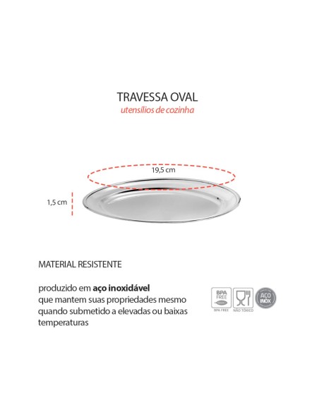 Travessa Oval Rasa Aço Inox 20cm