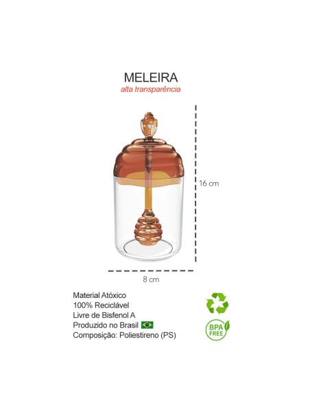 Meleira Pote de Mel Ambar Caramelo Tampa e Pegador