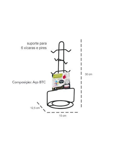 Porta Xicaras e Pires Suporte Aço Preto ate 6...