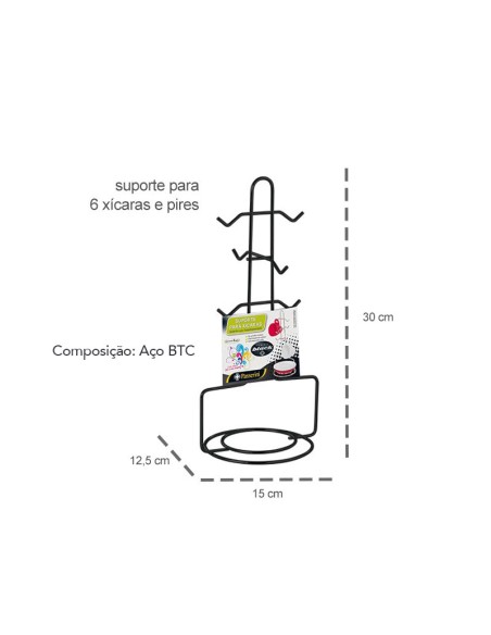 Porta Xicaras e Pires Suporte Aço Preto ate 6 Canecas