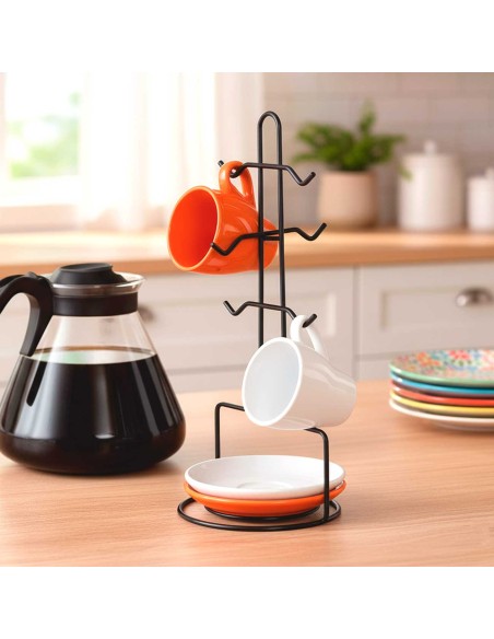 Porta Xicaras e Pires Suporte Aço Preto ate 6 Canecas