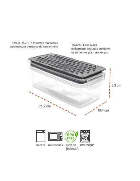 Pote Ralador Tampa Hermetica Plastico BPA Free Cinza 860ml