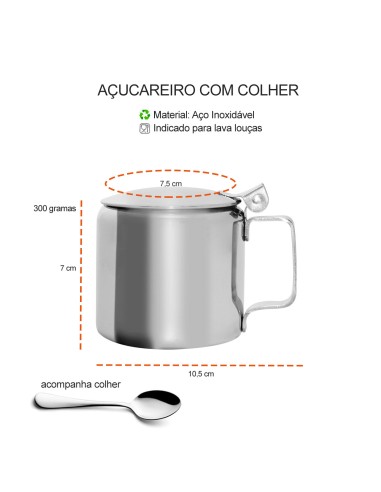 Açucareiro de Inox e Colher Porta Açucar 300gr...