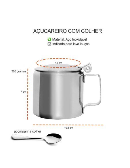 Açucareiro de Inox e Colher Porta Açucar 300gr Cafeteria Bar