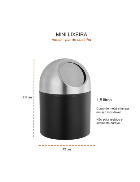 Lixeira de Pia Lavabo Escritorio Mini Inox Preto 1,5L