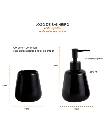 Porta Sabonete Liquido Algodao Ceramica Preto Jogo Banheiro