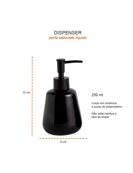 Porta Sabonete Liquido Dispenser Ceramica Preto 250ml