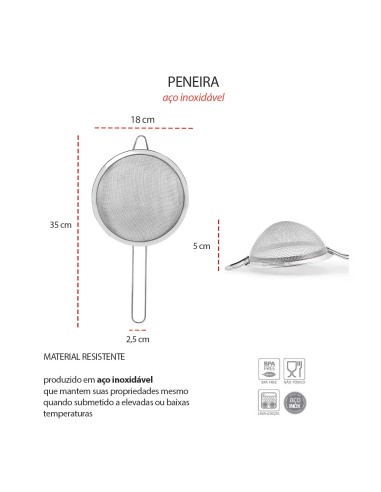 Peneira Inox Cabo Aço Cozinha Confeitaria 18cm