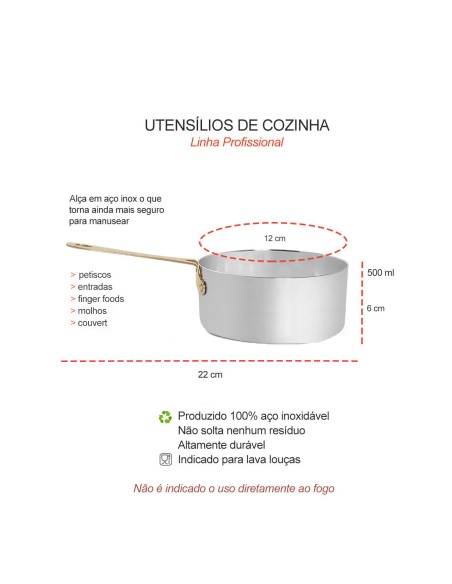 Mini Panela Cabo Panelinha Prata Dourado Couvert Buffet 500ml