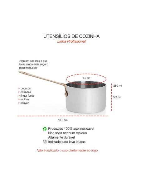 Mini Panela Cabo Panelinha Prata Dourado Couvert Buffet 250ml