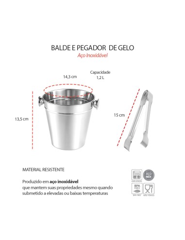 Balde de Gelo Inox 1,2L com Pegador Drinks Bar...