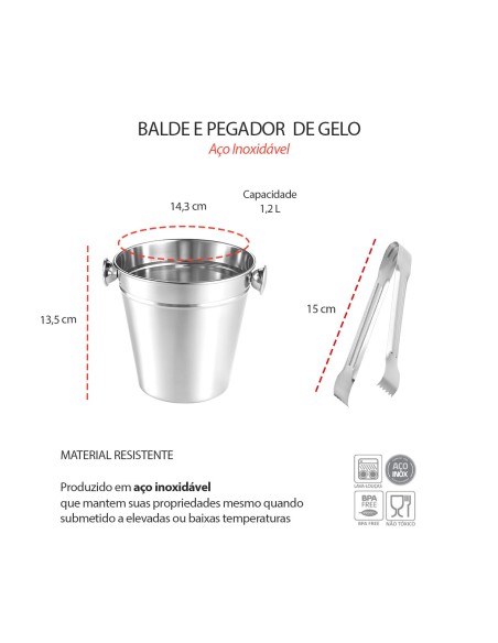 Balde de Gelo Inox 1,2L com Pegador Drinks Bar Bartender