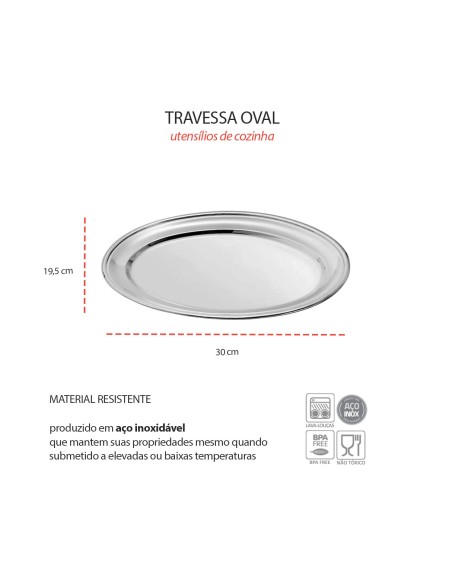 Travessa Bandeja Oval Rasa Aço Inox Buffet Restaurante 30cm