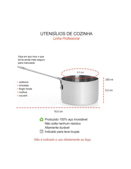 Panela Mini Cabo Aço Inox Entrada Molho Couvert Buffet 250ml