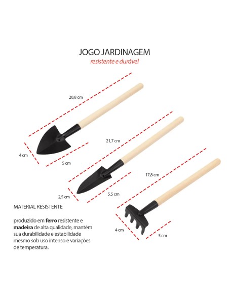Ferramenta Jardinagem Mini Pazinha Ancinho Ferro Madeira Jardim 3un