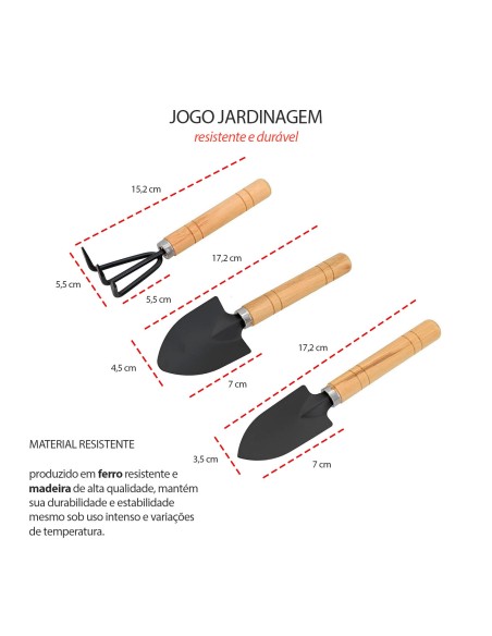 Ferramentas Jardinagem Pazinha Ancinho Ferro Madeira Jardim 3un