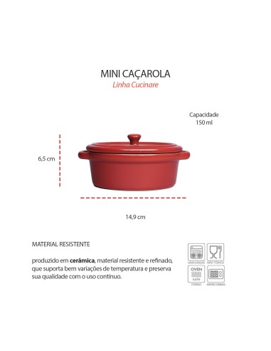 Mini Caçarola Ceramica Vermelha com Tampa Forno...