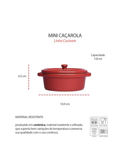 Mini Caçarola Ceramica Vermelha com Tampa Forno 150ml