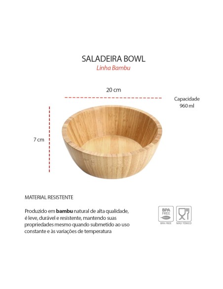 Tigela Bowl Saladeira Bambu Natural Fruteira Redonda 20cm