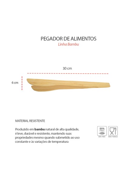 Pegador de Salada Bambu Natural 30cm Pinça Alimentos