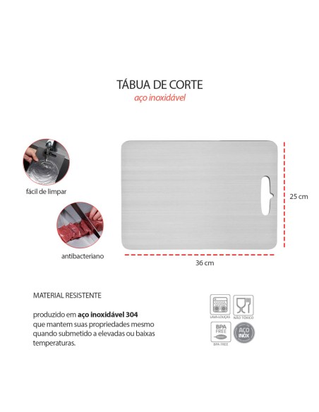 Tabua de Carne Corte Cozinha Profissional Aço Inox 36x25cm
