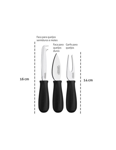 Faca e garfo para Queijos Tramontina Kit Inox Cabo Preto 3un