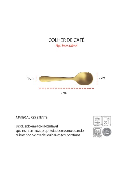 Colher de Cafe Dourado Fosco Jogo Colheres Inox Pequena 6un