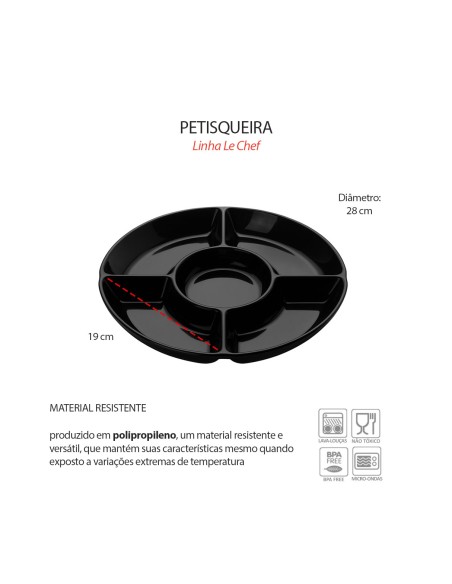 Petisqueira Preta Redonda 5 Divisorias Servir Petiscos 28cm