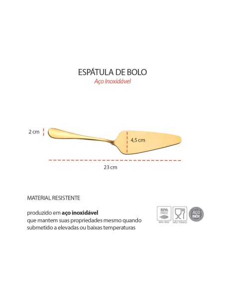 Espatula de Bolo Aço Inox Dourado Servir Sobremesas 23cm