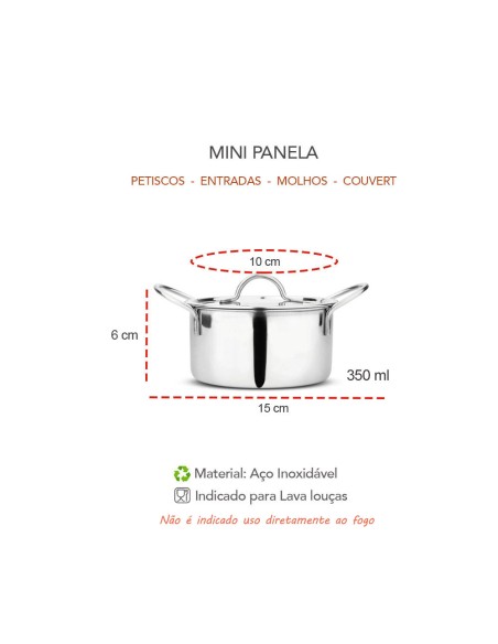 Panela Mini Cacarola 10cm Inox Couvert Entrada e Tampa