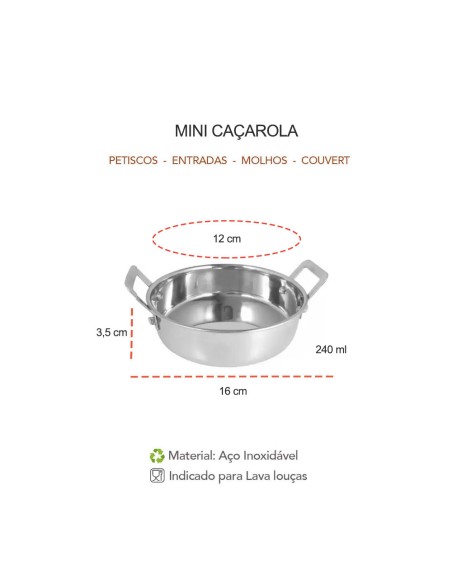 Caçarola Mini Panela Couvert Inox Entrada Petisco Molho 12cm