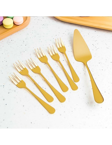 Espatula e Garfos de Bolo Dourado Sobremesa Inox Kit 7un