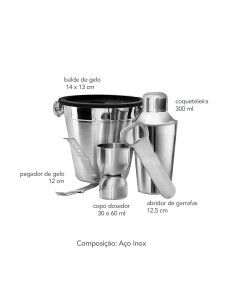 Coqueteleira Balde Copo Dosador Abridor Pegador Kit Bar Inox 2