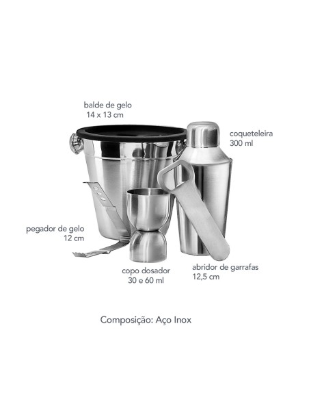 Coqueteleira Balde Copo Dosador Abridor Pegador Kit Bar Inox