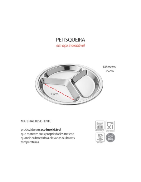Petisqueira Redonda 3 Divisorias Bandeja Prato Aço Inox