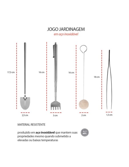 Ferramenta Jardinagem Inox Pa Ancinho Pinça Mini Jardim 4un