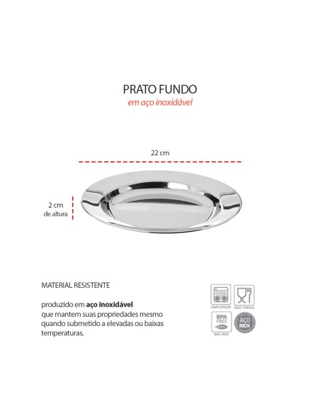 Prato Fundo Aço Inox Buffet Escola Restaurante Bar 22cm