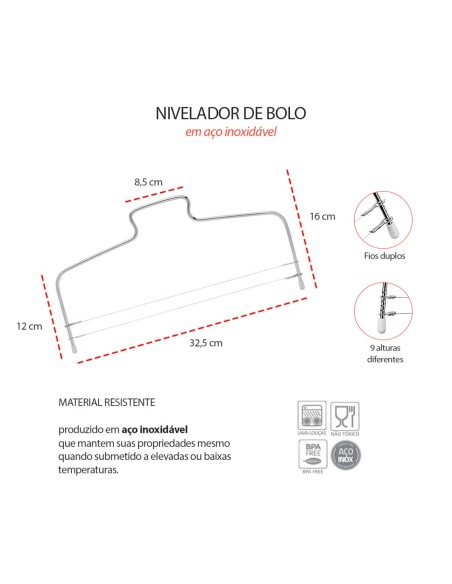 Cortador de Bolo Aço Inox e Nivelador Fio Duplo 9 Alturas