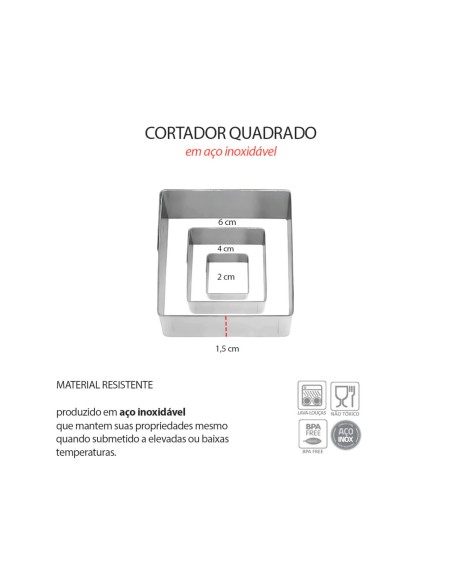 Cortador de Bolo Quadrado Forminha Corte Molde Aço Inox 3un