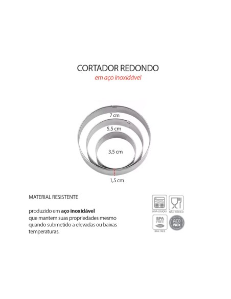 Cortador de Bolo Redondo Forminha Corte Molde Aço Inox 3un
