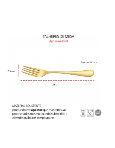 Garfo de Mesa Dourado Ouro Talheres Aço Inox...