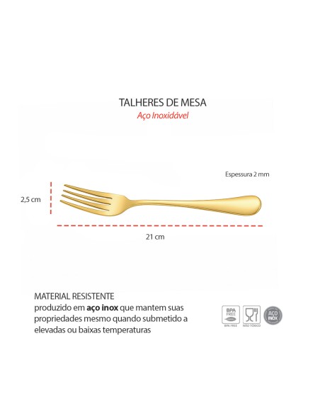 Garfo de Mesa Dourado Aço Inox Talheres Restaurante Buffet